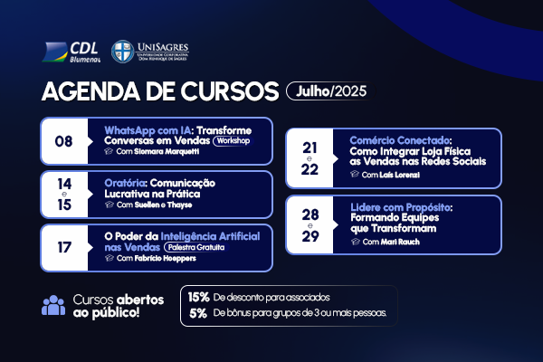 CDL Blumenau e Unisagres abrem inscrições para cursos de julho com descontos especiais 
