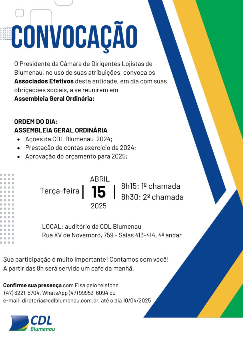 CDL Blumenau convoca associados para Assembleia Geral Ordinária