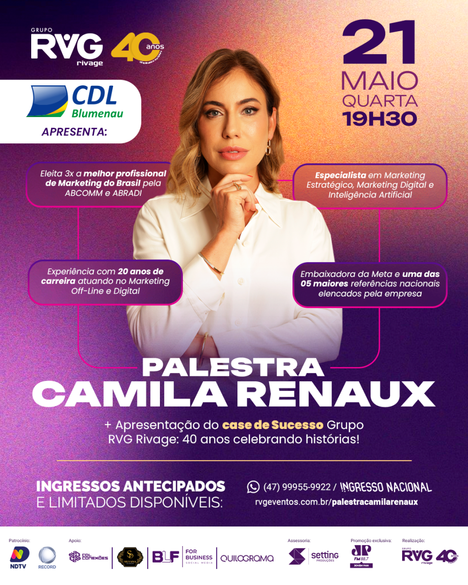 Associados da CDL Blumenau têm desconto exclusivo na palestra de Camila Renaux, na Rivage