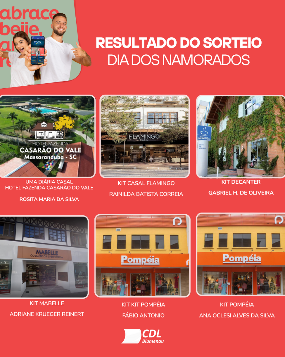 Confira quem são os ganhadores da promoção de Dia dos Namorados da CDL Blumenau