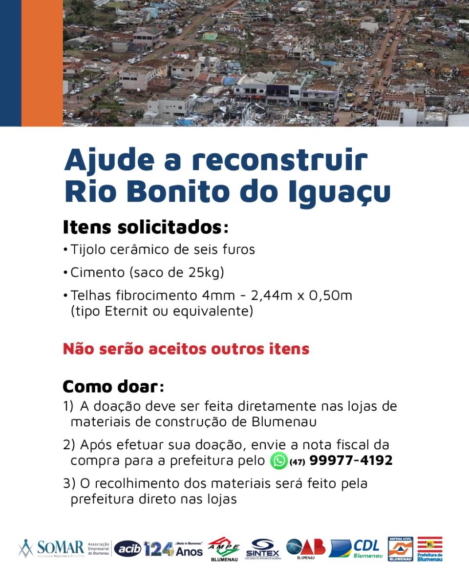 Blumenau arrecada materiais de construção para Rio Bonito do Iguaçu, atingida por tornado. 