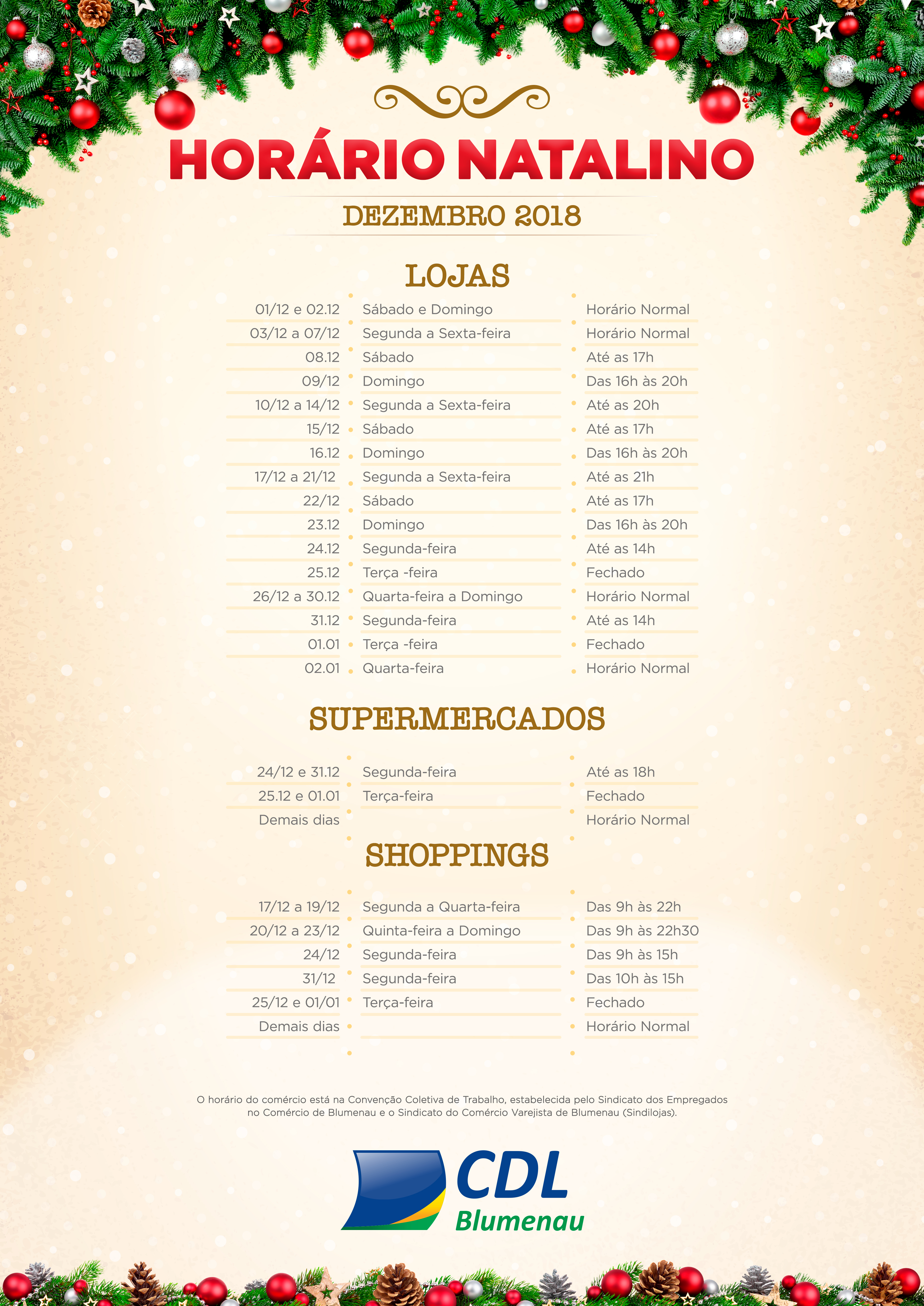 Horário do comércio para o Natal 2018 - Blumenau