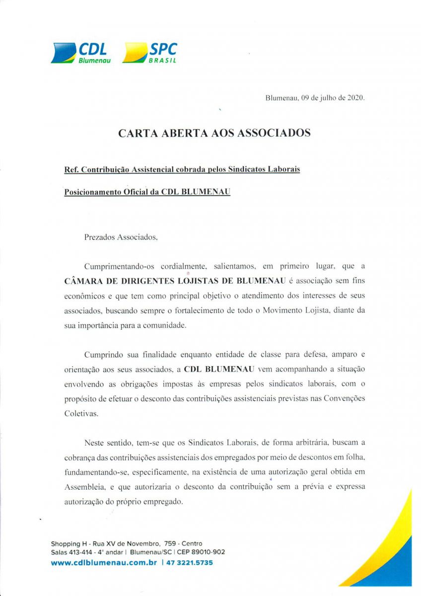 Carta aberta aos associados: Cobrança dos sindicatos