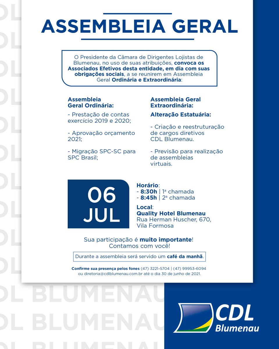 CDL Blumenau realizará Assembleia Geral Ordinária e Extraordinária no dia 6 de julho