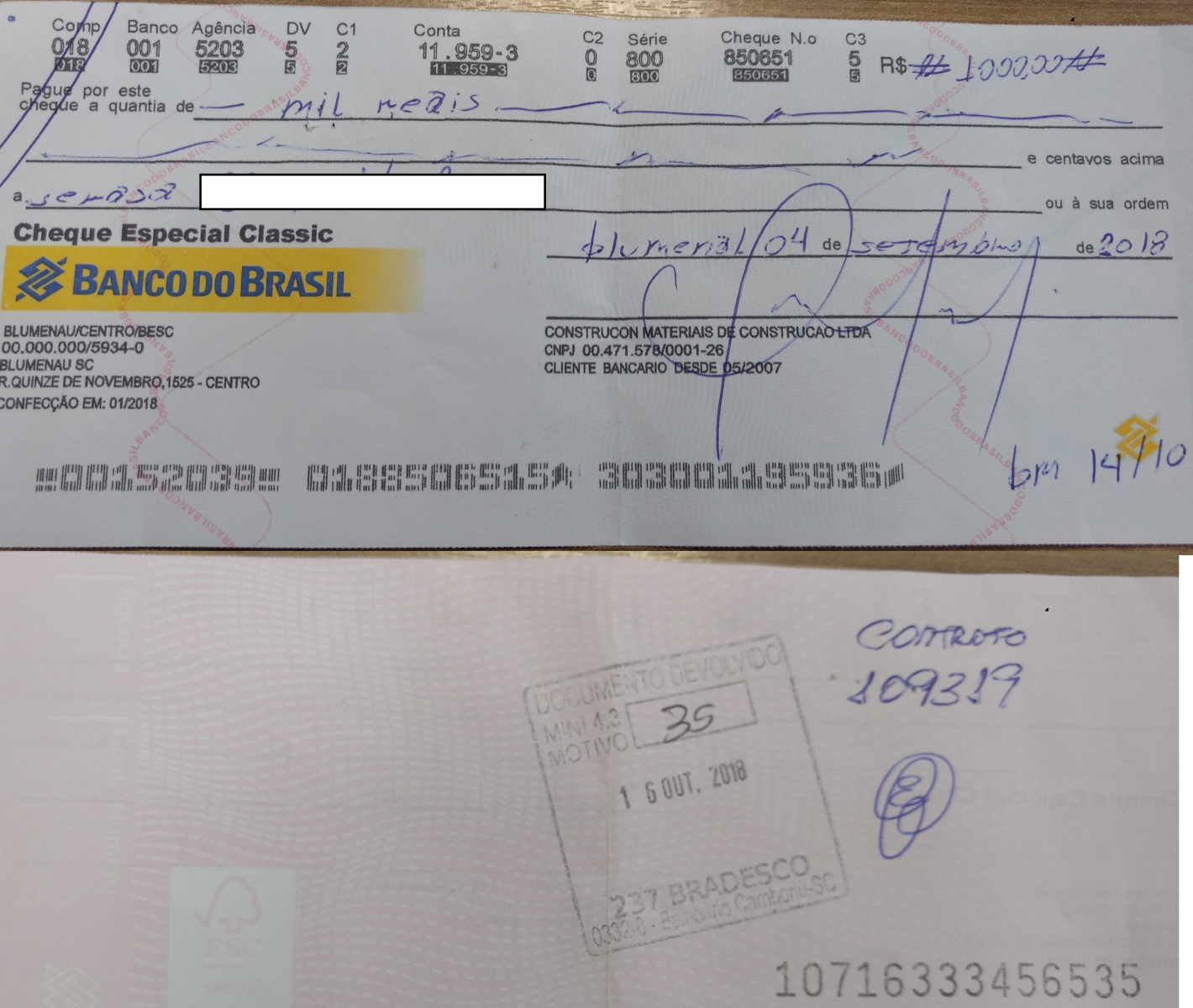 Alerta de cheque fraudado