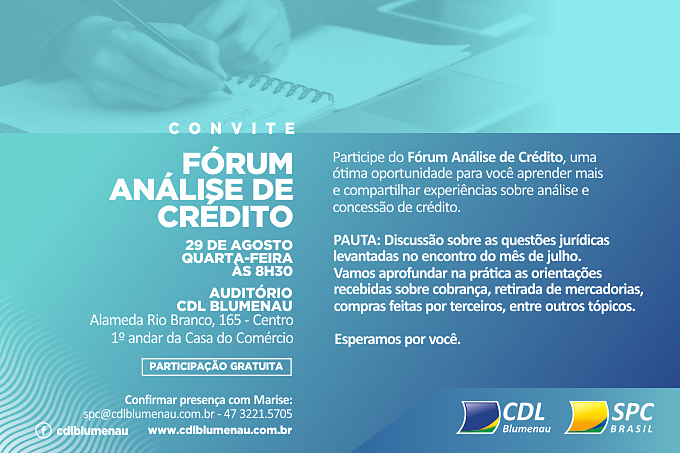 Fórum Análise de Crédito, da CDL Blumenau, será em 29 de agosto