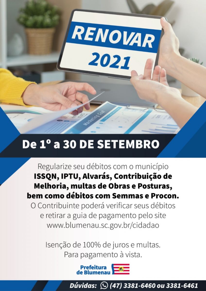 Renovar 2021: saiba como aproveitar o programa de recuperação fiscal de Blumenau