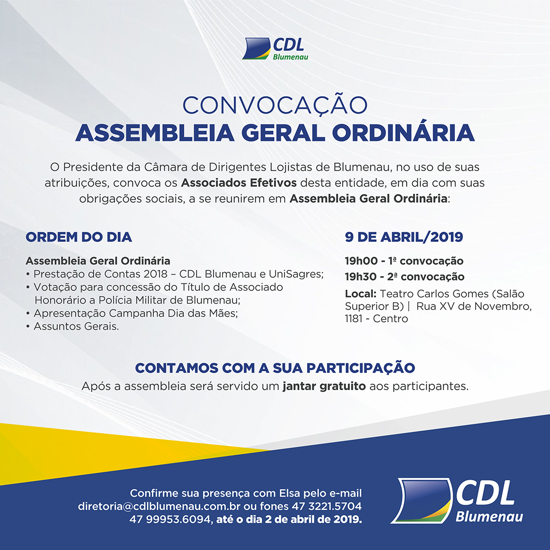CDL Blumenau realizará Assembleia Geral Ordinária no dia 9 de abril